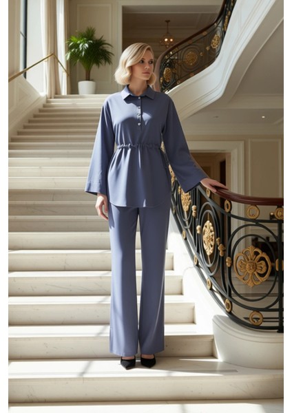 Kadın Alt Üst Bağcık Detaylı Belden Büzgülü Uzun Kollu Dokuma Gömlek ve Geniş Paça Pantolon Takımı