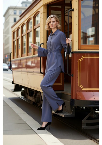 Kadın Alt Üst Bağcık Detaylı Belden Büzgülü Uzun Kollu Dokuma Gömlek ve Geniş Paça Pantolon Takımı modelleri