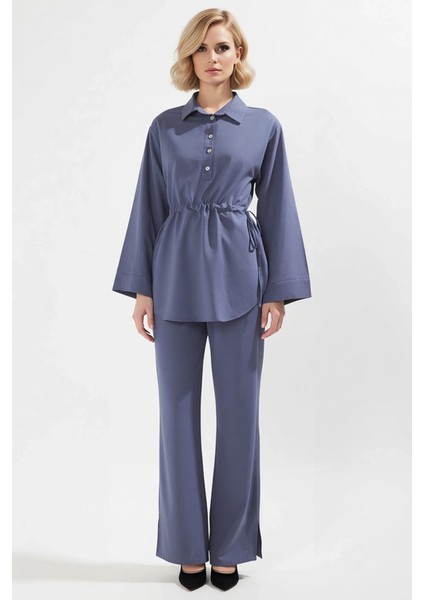 Kadın Alt Üst Bağcık Detaylı Belden Büzgülü Uzun Kollu Dokuma Gömlek ve Geniş Paça Pantolon Takımı fırsatları