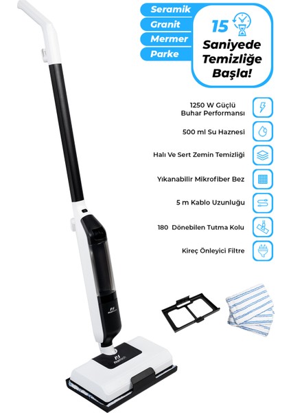 CB702 Buharlı Mop | 1250W Güç | 180° Dönebilen Başlık | Halı ve Sert Zemin Temizleyici