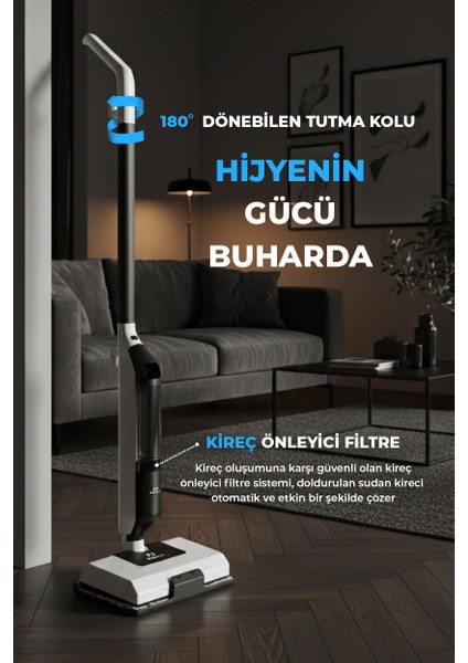 CB702 Buharlı Mop | 1250W Güç | 180° Dönebilen Başlık | Halı ve Sert Zemin Temizleyici