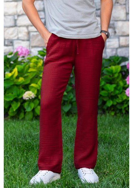 Beli Lastikli Multi Çift Cepli Müslin Kadın/erkek Unisex Yazlık Pantolon Bordo Brd