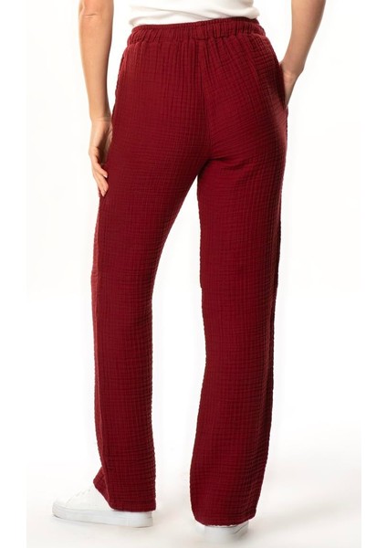 Beli Lastikli Multi Çift Cepli Müslin Kadın/erkek Unisex Yazlık Pantolon Bordo Brd
