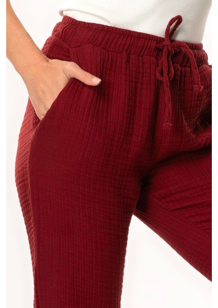 Beli Lastikli Multi Çift Cepli Müslin Kadın/erkek Unisex Yazlık Pantolon Bordo Brd