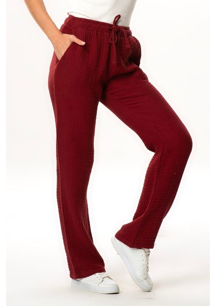 Beli Lastikli Multi Çift Cepli Müslin Kadın/erkek Unisex Yazlık Pantolon Bordo Brd
