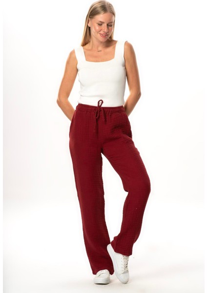 Beli Lastikli Multi Çift Cepli Müslin Kadın/erkek Unisex Yazlık Pantolon Bordo Brd