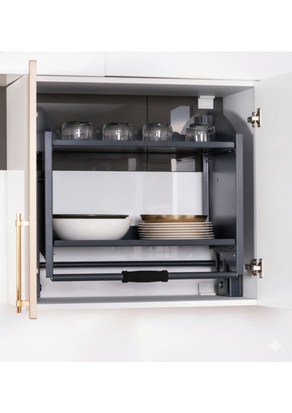 Mutfak Dolabı Içi Indirilebilir Asansörlü 2 Katlı Raf 90 cm (Antrasit)