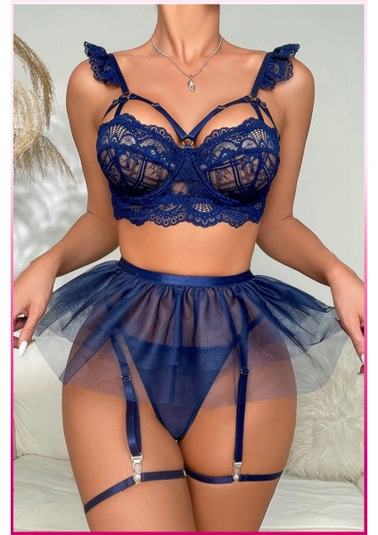 Dantelli Tül Etekli Askılı Iç Giyim Takımı – 3 Parça Set