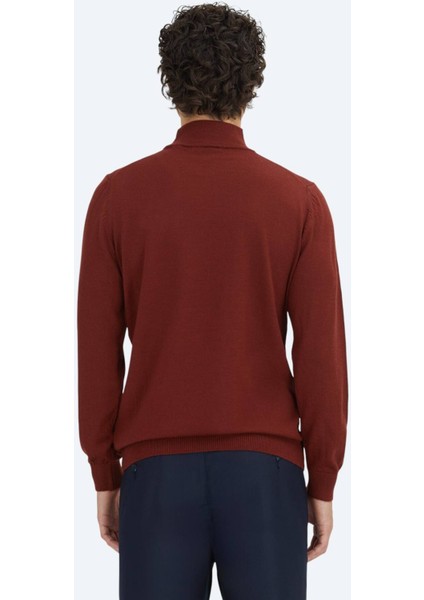 Kırmızı Yarım Balıkçı Yaka Düz Örgü Yün Karışımlı Triko Kazak