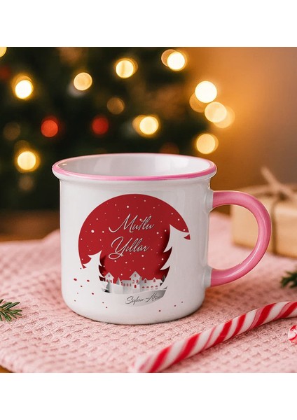 Kişiye Özel Isimli Yılbaşı Tasarımlı Pembe Emaye Kupa Bardak -4, Arkadaşa Hediye, Yeni Yıl Hediyesi