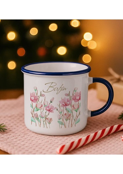 Kişiye Özel Çiçek Tasarımlı Lacivert Emaye Kupa Bardak -11, Arkadaşa Hediye, Sevgiliye Hediye