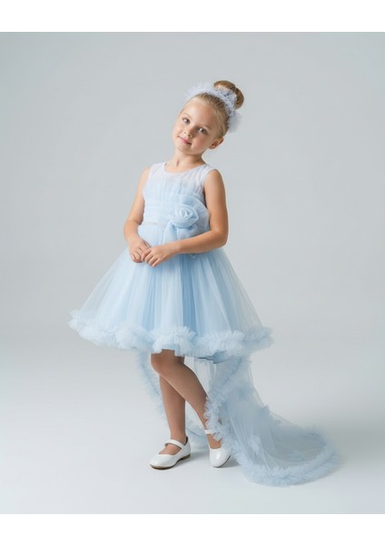 Kız Çocuk Askılı Inci ve Gül Detaylı Çıkabilen Kuyruklu Taç Hediyeli Monita Kız Çocuk Abiye Elbise 3-7 Yaş