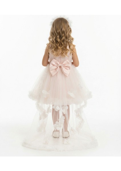 Kız Çocuk Askılı Inci ve Gül Detaylı Çıkabilen Kuyruklu Taç Hediyeli Monita Kız Çocuk Abiye Elbise 3-7 Yaş