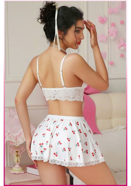 Mini Etekli Dantel Detaylı Çilek Desenli Üçlü Set – Bralet & Etek & Külot indirimleri