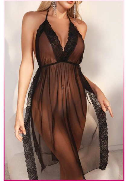 Dantel Işlemeli Yırtmaçlı Uzun Tül Gecelik – Zarif Tül & Dantel Elbise fırsatları