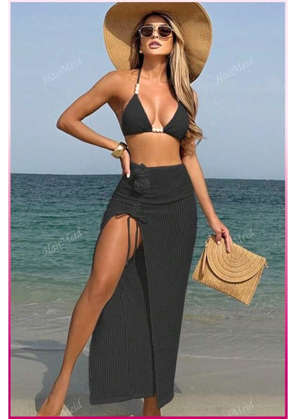 Inci Detaylı 3'lü Şık Bikini ve Yırtmaçlı Pareo Set - Plaj Modasının Gözdesi fırsatları