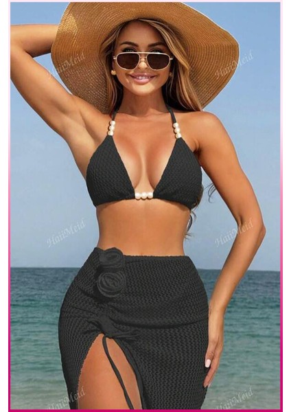 Inci Detaylı 3'lü Şık Bikini ve Yırtmaçlı Pareo Set - Plaj Modasının Gözdesi indirimleri