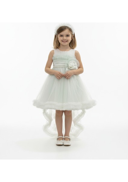 Kız Çocuk Askılı Inci ve Gül Detaylı Çıkabilen Kuyruklu Taç Hediyeli Monita Kız Çocuk Abiye Elbise 3-7 Yaş