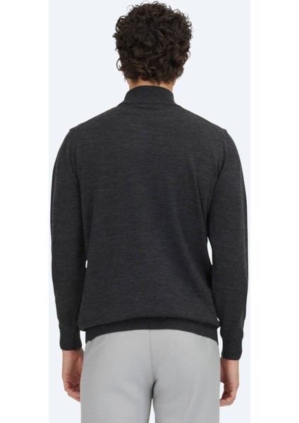 Antrasit Yarım Balıkçı Yaka Düz Örgü Yün Karışımlı Triko Kazak
