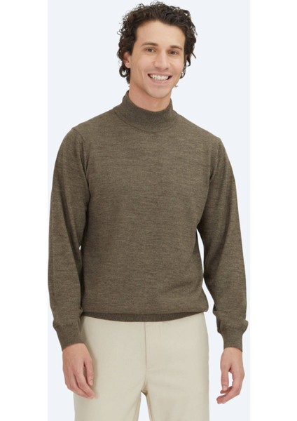 Koyu Bej Yarım Balıkçı Yaka Düz Örgü Yün Karışımlı Triko Kazak fiyatları