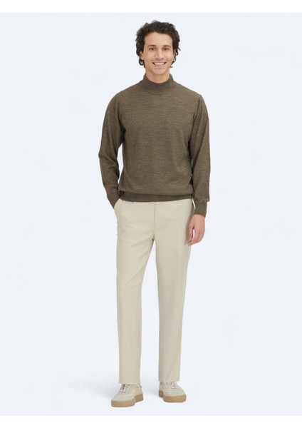 Koyu Bej Yarım Balıkçı Yaka Düz Örgü Yün Karışımlı Triko Kazak modelleri