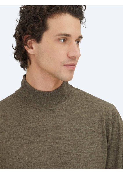 Koyu Bej Yarım Balıkçı Yaka Düz Örgü Yün Karışımlı Triko Kazak fırsatları