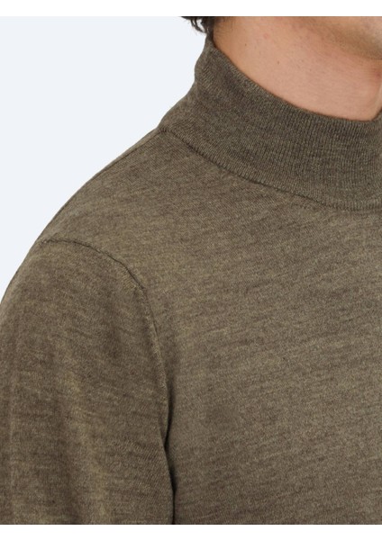 Koyu Bej Yarım Balıkçı Yaka Düz Örgü Yün Karışımlı Triko Kazak indirimleri