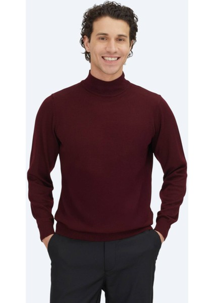 Bordo Yarım Balıkçı Yaka Düz Örgü Yün Karışımlı Triko Kazak fiyatları