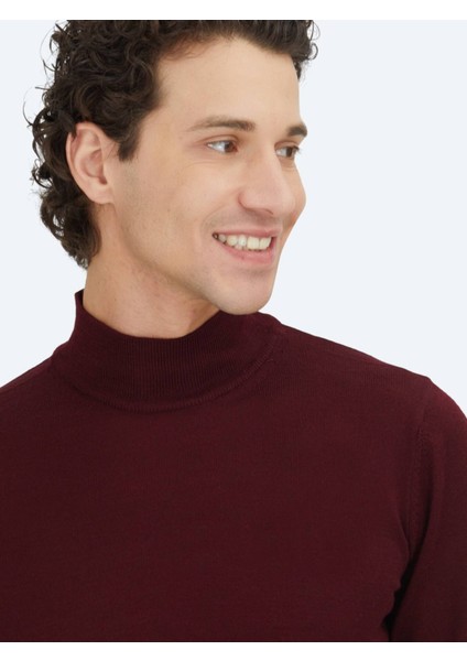 Bordo Yarım Balıkçı Yaka Düz Örgü Yün Karışımlı Triko Kazak fırsatları