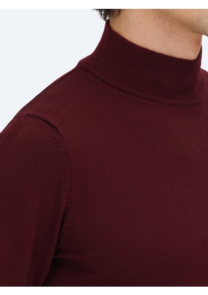 Bordo Yarım Balıkçı Yaka Düz Örgü Yün Karışımlı Triko Kazak indirimleri