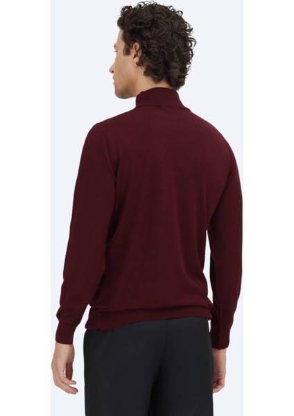 Bordo Yarım Balıkçı Yaka Düz Örgü Yün Karışımlı Triko Kazak
