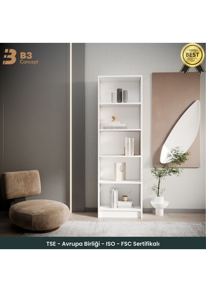 B3CONCEPT Modern Beyaz Kitaplık – 5 Raflı Ahşap Raflı Dekoratif Çok Amaçlı Düzenleyici Kitaplık