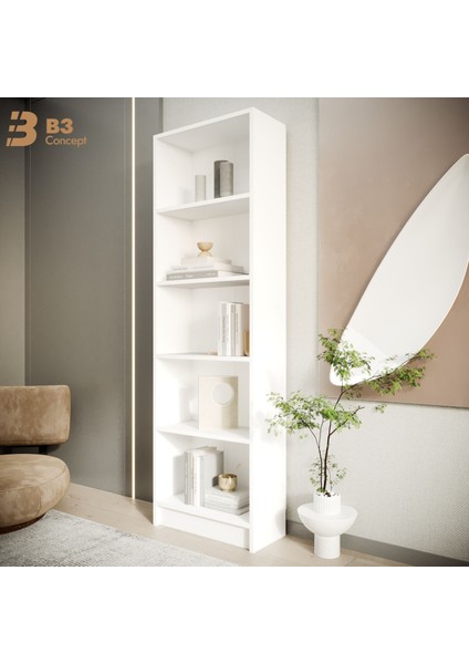 B3CONCEPT Modern Beyaz Kitaplık – 5 Raflı Ahşap Raflı Dekoratif Çok Amaçlı Düzenleyici Kitaplık