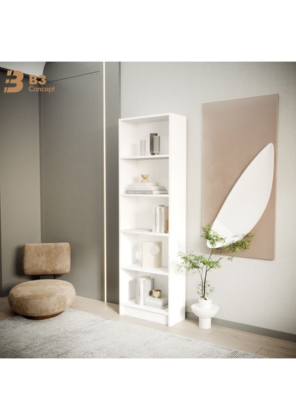 B3CONCEPT Modern Beyaz Kitaplık – 5 Raflı Ahşap Raflı Dekoratif Çok Amaçlı Düzenleyici Kitaplık