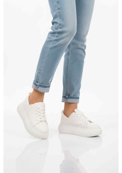 Beyaz Kalın Taban Bağcıklı Kadın Spor Ayakkabı Termo Dv-03 Z