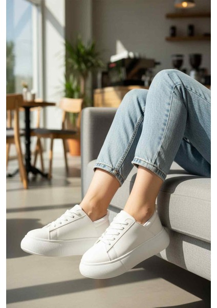 Beyaz Kalın Taban Bağcıklı Kadın Spor Ayakkabı Termo Dv-03 Z modelleri