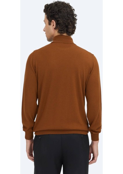 Deve Tüyü Yarım Balıkçı Yaka Düz Örgü Yün Karışımlı Triko Kazak