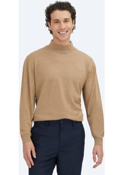 Bej Yarım Balıkçı Yaka Düz Örgü Yün Karışımlı Triko Kazak fiyatları