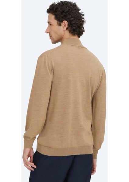 Bej Yarım Balıkçı Yaka Düz Örgü Yün Karışımlı Triko Kazak