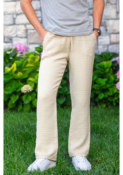 Beli Lastikli Multi Çift Cepli Müslin Kadın/erkek Unisex Yazlık Pantolon Vizon Vzn