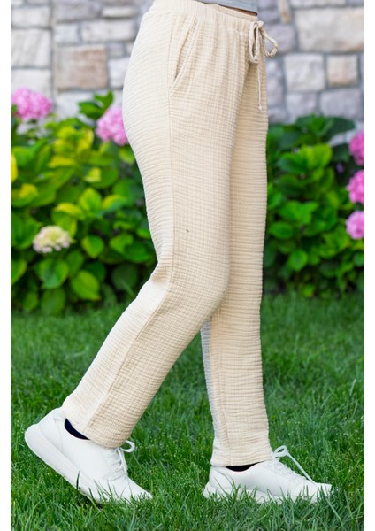 Beli Lastikli Multi Çift Cepli Müslin Kadın/erkek Unisex Yazlık Pantolon Vizon Vzn modelleri