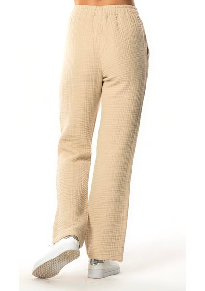 Beli Lastikli Multi Çift Cepli Müslin Kadın/erkek Unisex Yazlık Pantolon Vizon Vzn