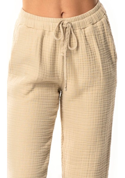 Beli Lastikli Multi Çift Cepli Müslin Kadın/erkek Unisex Yazlık Pantolon Vizon Vzn