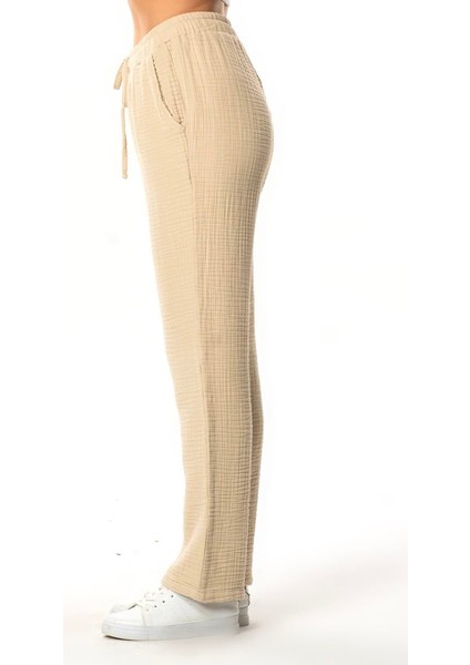 Beli Lastikli Multi Çift Cepli Müslin Kadın/erkek Unisex Yazlık Pantolon Vizon Vzn