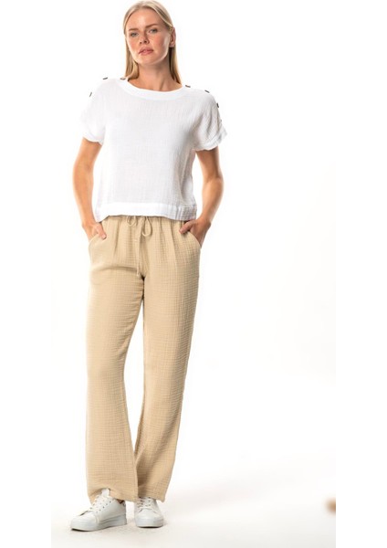 Beli Lastikli Multi Çift Cepli Müslin Kadın/erkek Unisex Yazlık Pantolon Vizon Vzn