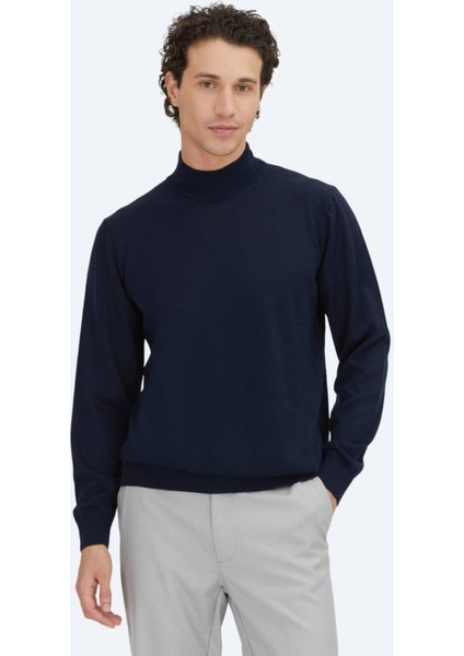 Lacivert Yarım Balıkçı Yaka Düz Örgü Yün Karışımlı Triko Kazak fiyatları