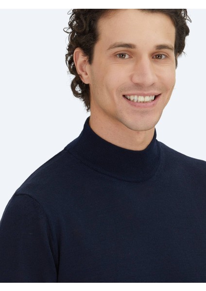 Lacivert Yarım Balıkçı Yaka Düz Örgü Yün Karışımlı Triko Kazak fırsatları