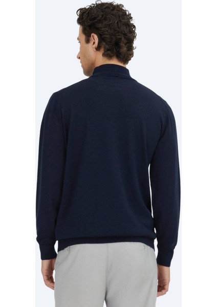 Lacivert Yarım Balıkçı Yaka Düz Örgü Yün Karışımlı Triko Kazak indirimleri