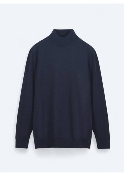 Lacivert Yarım Balıkçı Yaka Düz Örgü Yün Karışımlı Triko Kazak