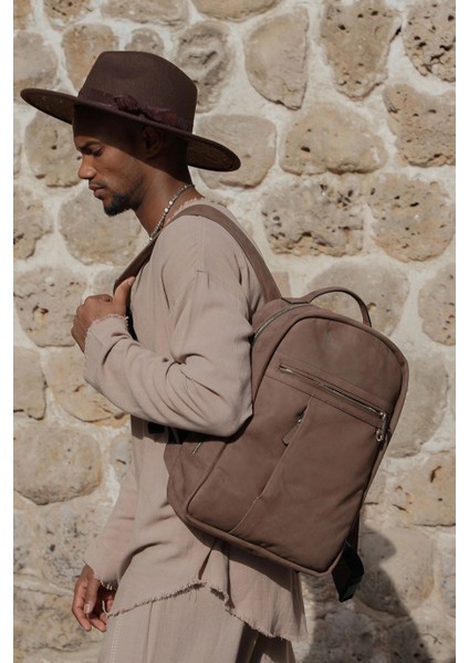 Nubuk Deri Sırt Çantası Kahverengi Premium Seyahat ve Laptop Çantası